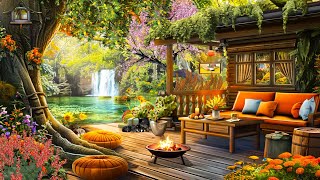 Cozy Gazebo in Morning Waterfall Ambience with Peaceful Spring Music For Relaxation and Forcus Work