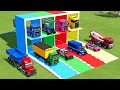 TRANSPORTING MERCEDES MINI BUS, VOLKSWAGEN POLICE, FORD POLICE, MERCEDES FIRE TRUCK TO GARAGE | FS22