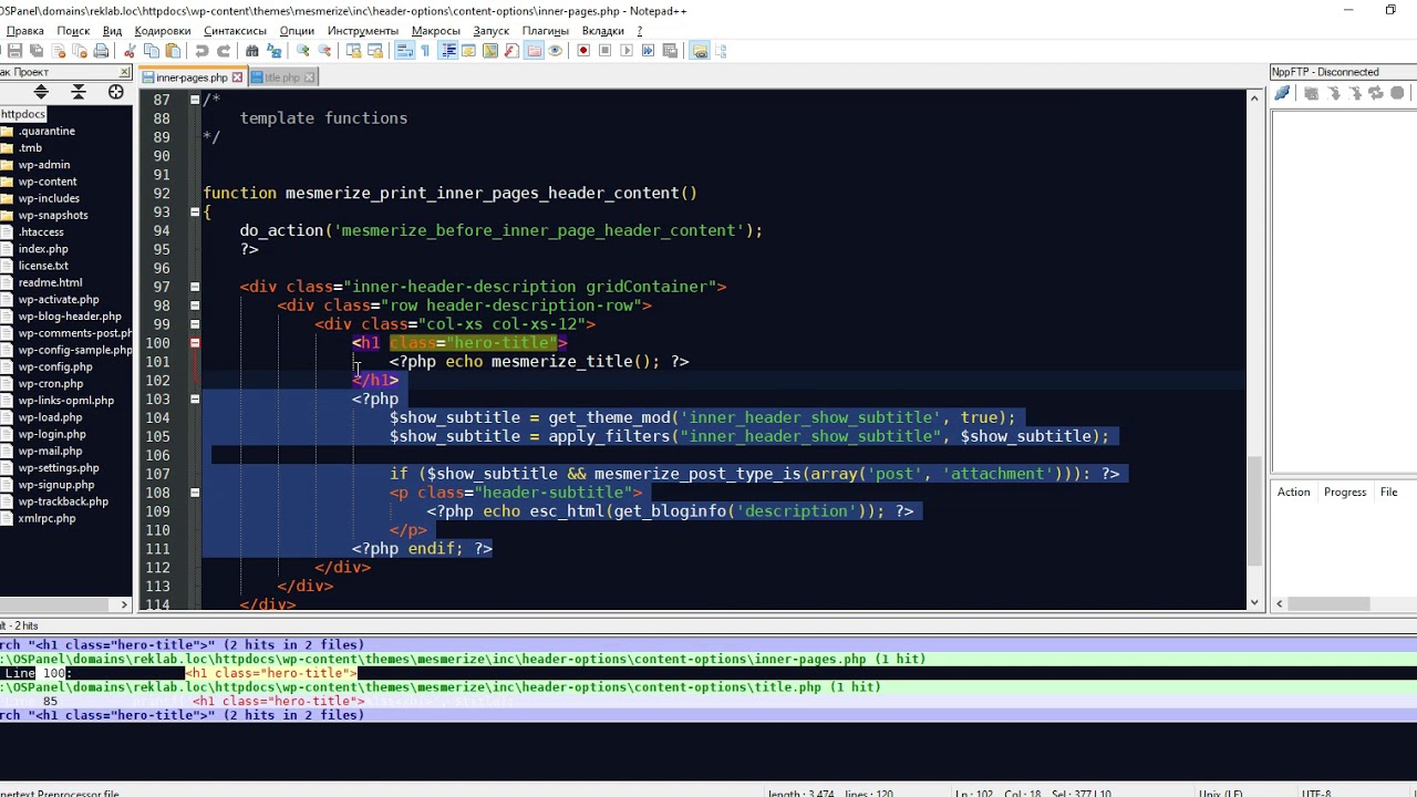 Как убрать заголовок H1 с hero-блока. Wordpress, тема (шаблон) - Mesmerize.