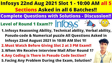 🔴Infosys Today 22nd Aug 2021 Slot 1 - 10:00 AM all 5 Sections Asked Question with Answers Discussion