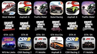 Most Wanted, Asphalt 8, Traffic Rider, Rebel Racing, GTA: LCS, GTA III, GTA: SA, GTA Vice City...