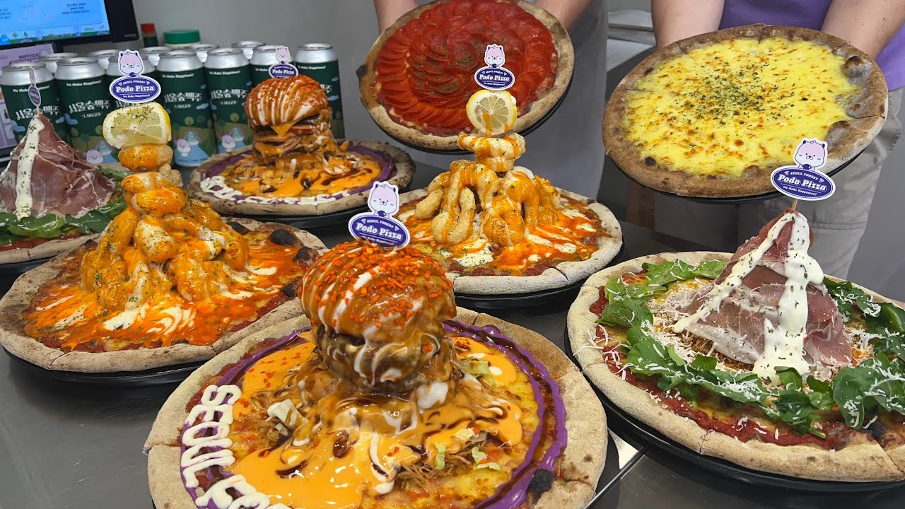 ⁣햄버거가 통으로 들어간 포도 반죽 타워피자 Amazing hamburger tower pizza - Korean street food