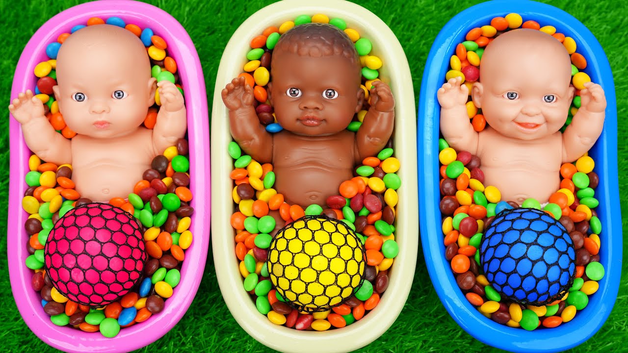 Full of 3 Rainbow BathTubs Candy with M&M's & Magic Slime Cutting Video