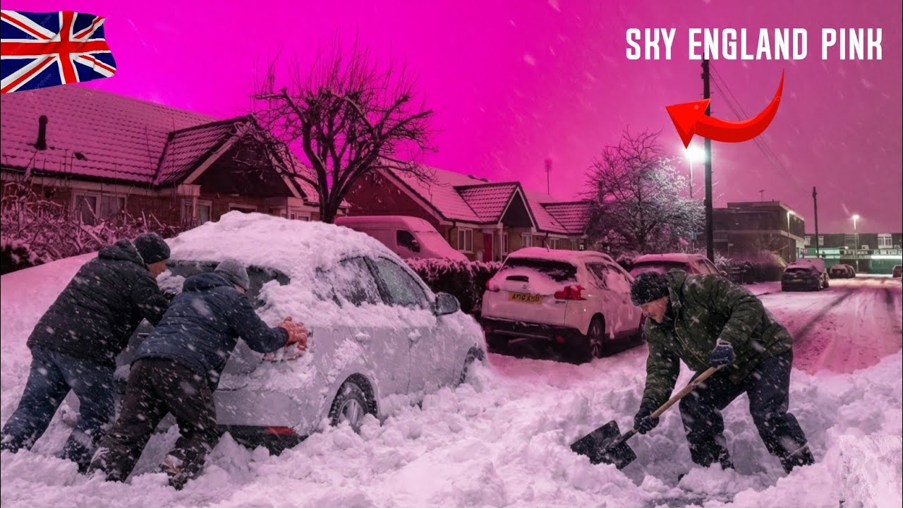 Загадка розового неба, засыпанного снегом, Бирмингем, Великобритания: между наукой и штормом Горетти