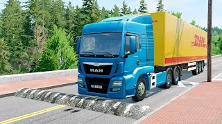 Double Flatbed Trailer Truck vs Tractor Speedbumps Train vs Cars Beamng.Drive 2019