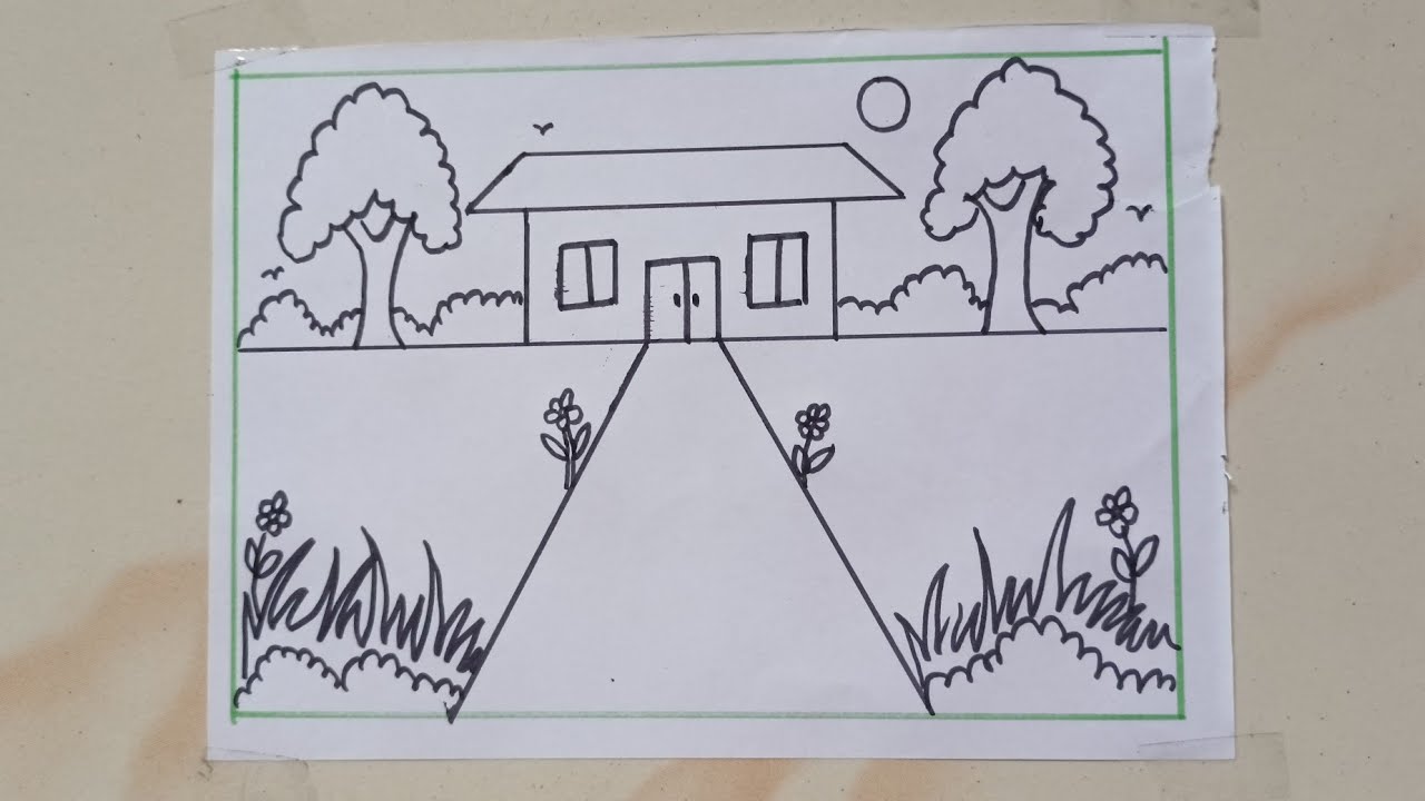 How To Draw beautiful house scenery Drawing Easy Step By Step || Ghar ...