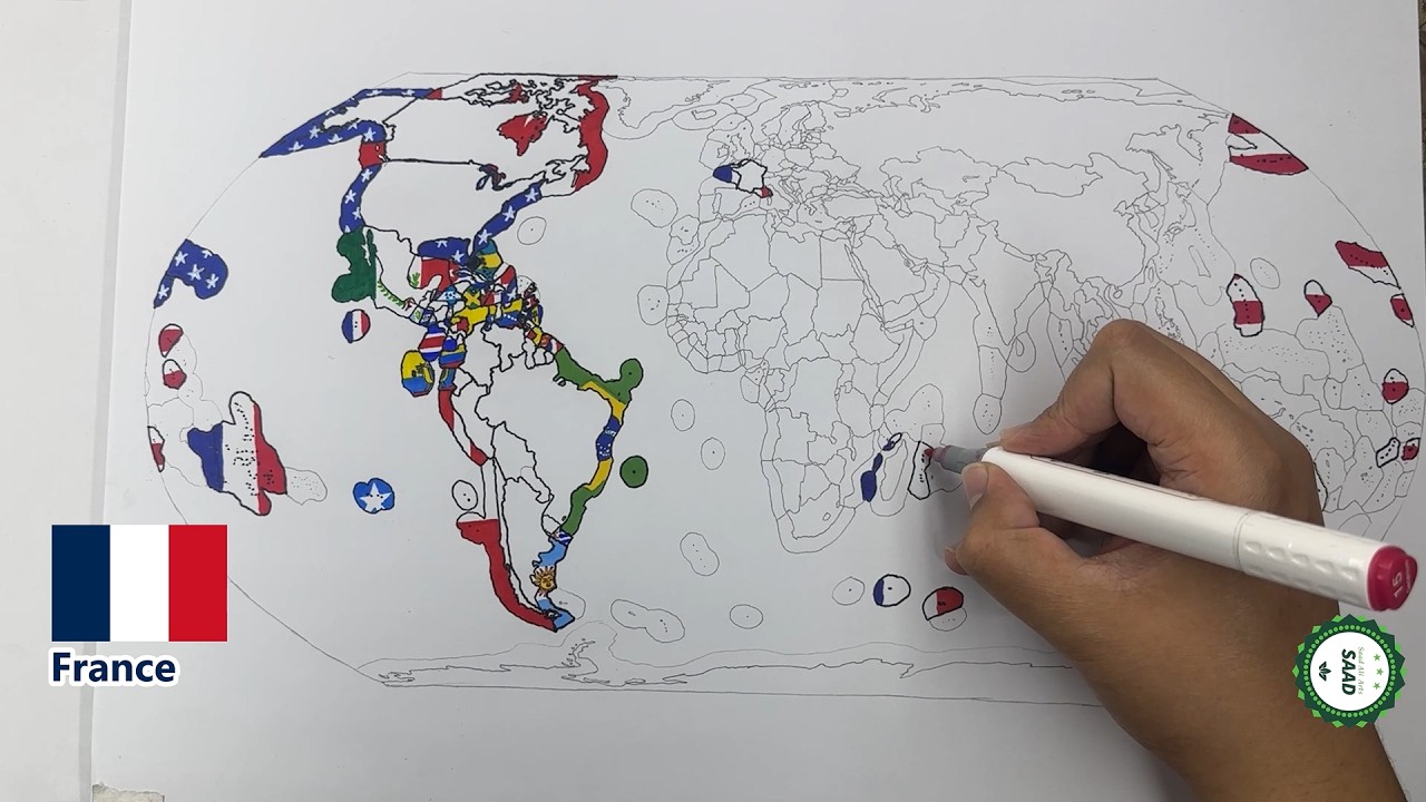 Drawing World flag map showing maritime boundaries | World Exclusive Economic Zones flag map drawing