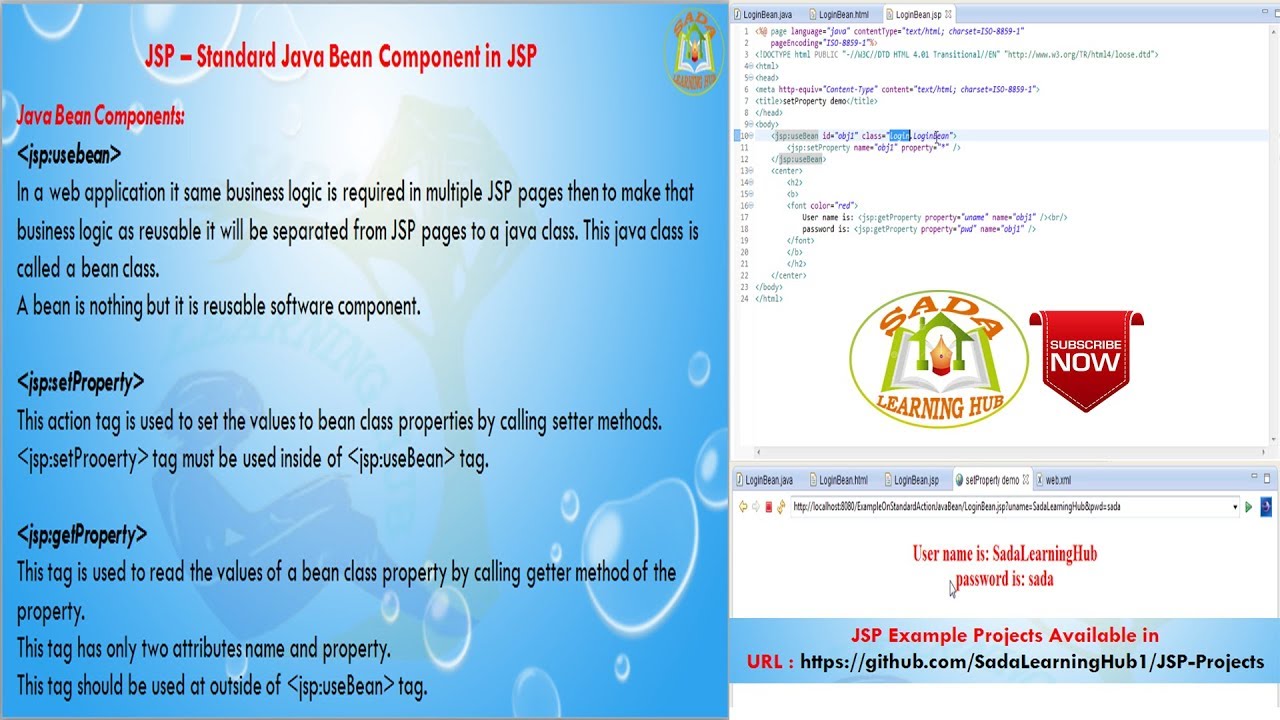 Lesson - 25 : JSP - JSP Standard java bean componenet - usebean,  setproperty, getproperty