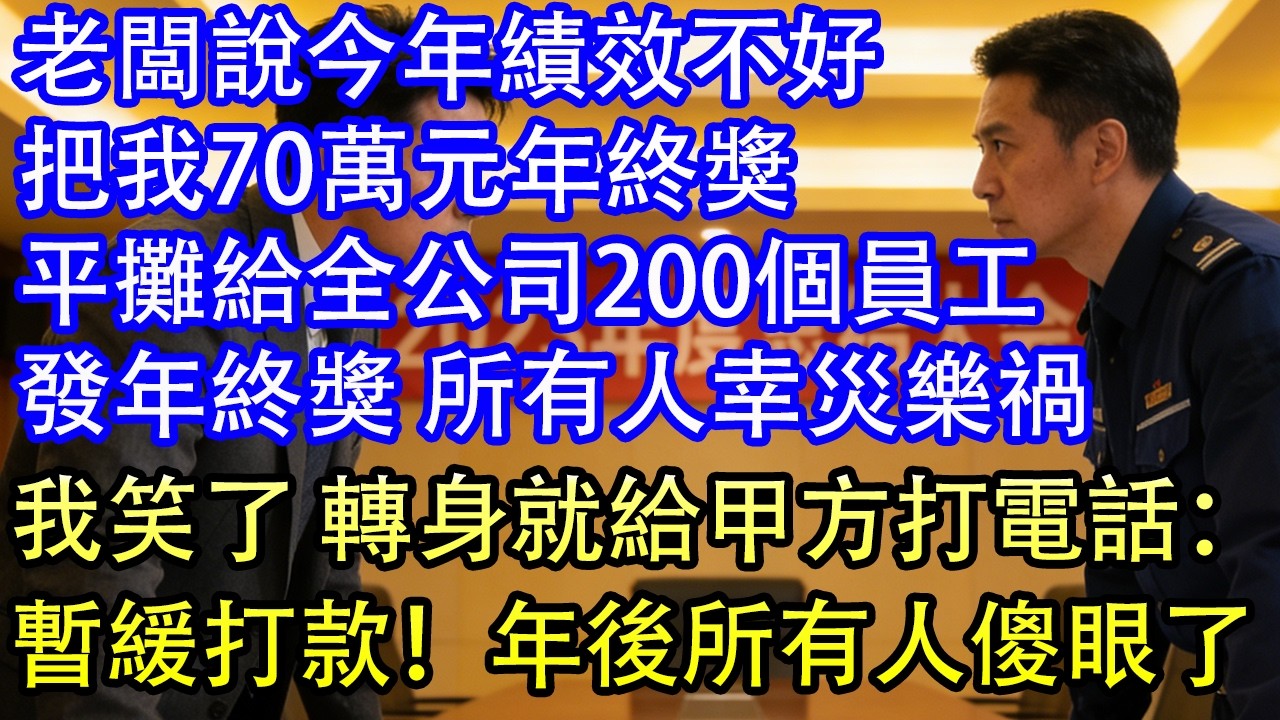 老闆說今年績效不好把我70萬元年終獎平攤給全公司200個員工發年終獎 所有人幸災樂禍我笑了 轉身就給甲方打電話：暫緩打款！年後所有人傻眼了