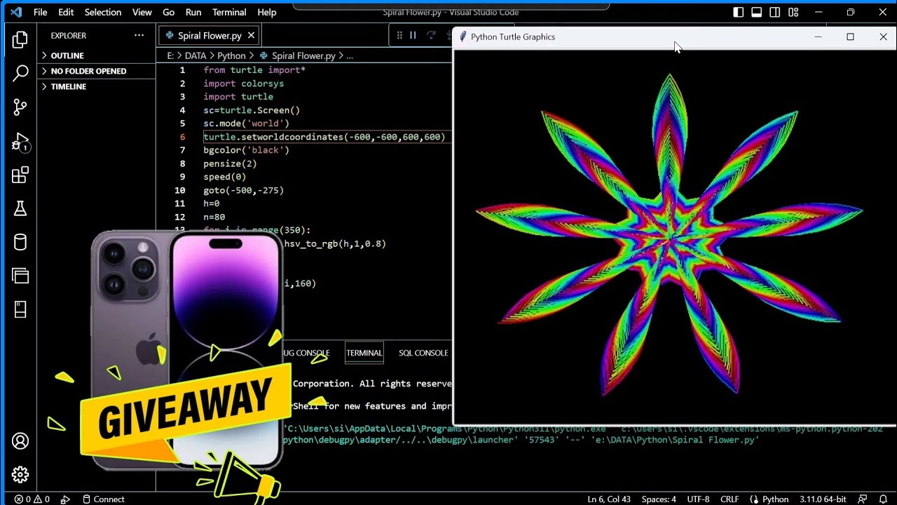 Python turtle Spiral 🐚 Flower 🌻 | iPhone Giveaway #iphone #giveaway # ...