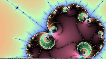 Mandelbrot zoom #3: Spiral. Square Root of Escape count mapped to 10x looped palette.