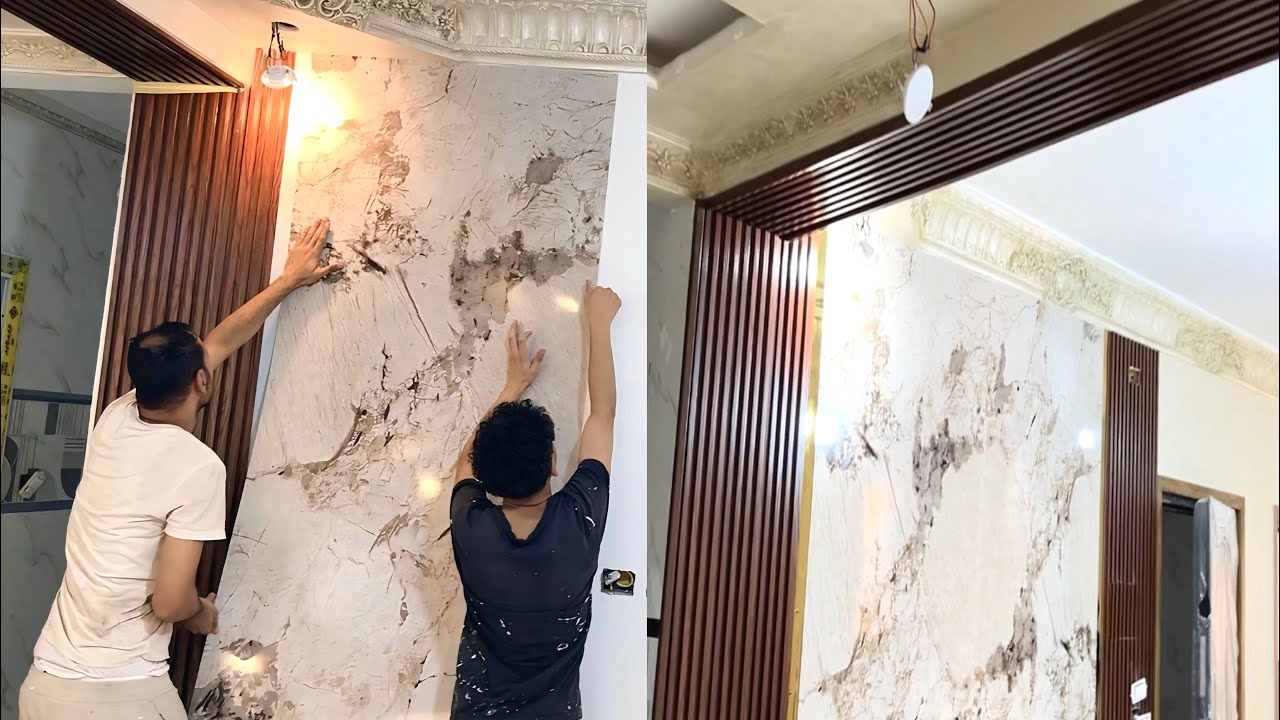 Creative Marble Wall Design | Perfect Blend of Marble and Wood Finish with Gold Steel Accent