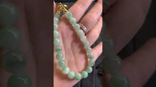 Icy Pale Green Floating Pattern Jadeite Beaded Bracelet with Gemstone-Encrusted Gold Clasp