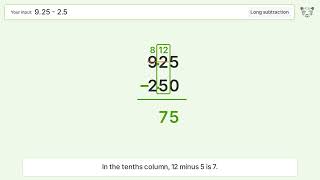 Long Subtraction Problem 9.25-2.5: Step-by-Step Video Solution