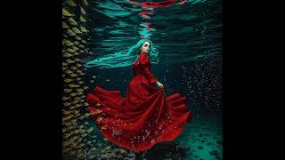 a beautiful girl in red fabrics, under water, the fabrics fly around beautifully, the water is green