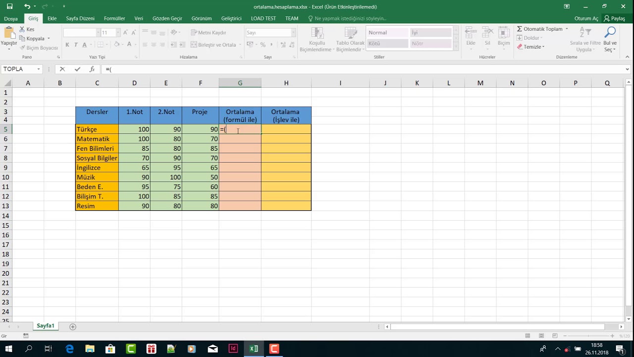 Excel Programı - Ortalama Hesaplama