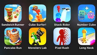 Sandwich Runner, Cube Surfer! Stack Rider, Number Cube, Pancake Run, Monster Lap, Pixel Rush…..