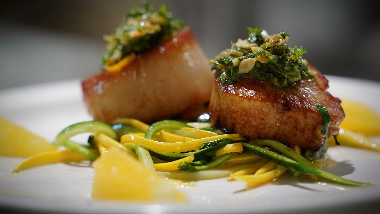 PanSeared Sea Scallops with Orange Gremolata Sauce and Yellow and