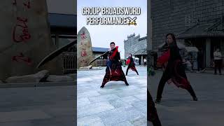 Epic group broadsword show! Perfect synchronized moves at the scenic spot ⚔️ #kungfu #martialarts