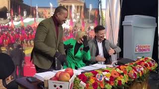 Rick Williams and Cecily Tynan enjoy their time in the broadcast booth with Justin Guarini