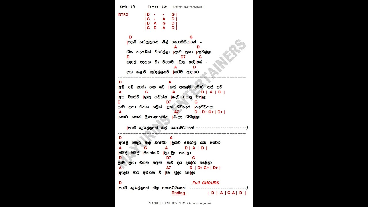 Pani Kurullane Nil Kobeiyane - Karoke Song Chords