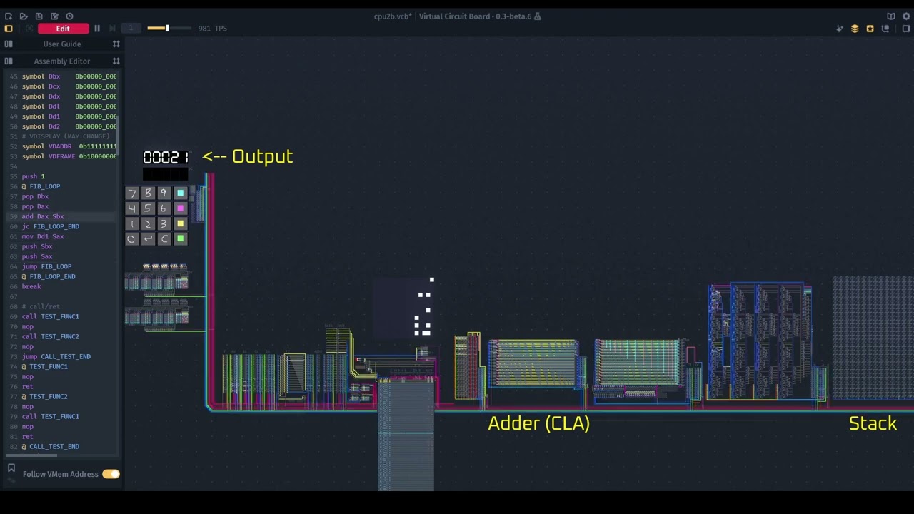 16-bit CPU Running Fibonacci Sequence | Virtual Circuit Board