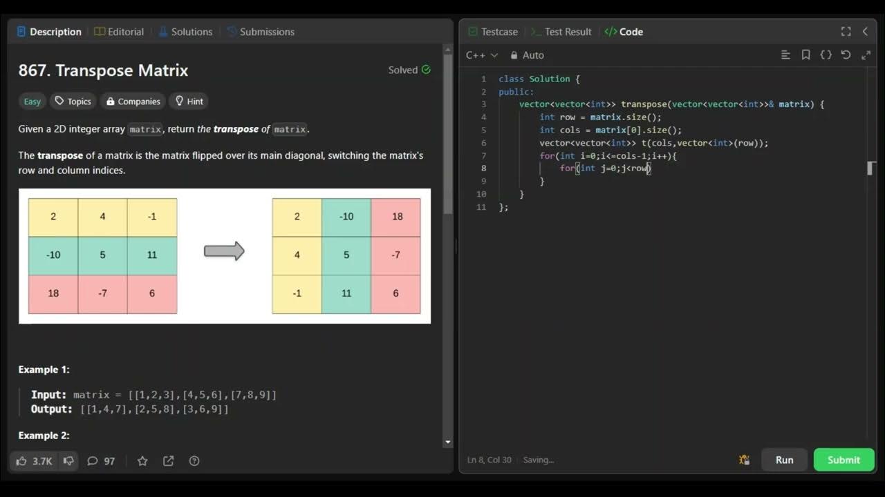 Transpose Matrix Leetcode - 867 | Coder Infinity - YouTube