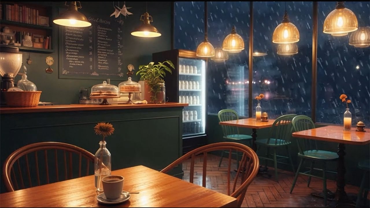 1080P Comfy Rainy Busy Cafe Ambience 🍵💧| Smooth Jazz for Relaxing, Studying, and Background Noise