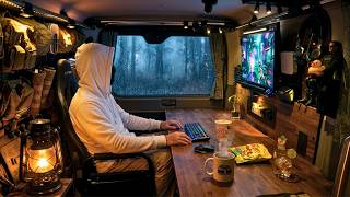 Torrential Rain Outside, Ultimate Gaming Van Inside | Cozy Solo Van Life | ASMR screenshot 3