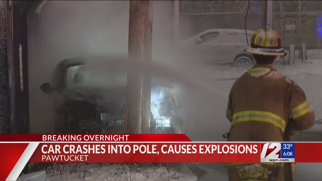 Car bursts into flames after crashing into pole in Pawtucket - YouTube