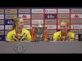 Australia's Kezie Apps, Ali Brigginshaw and Brad Donald react to their World Cup final win