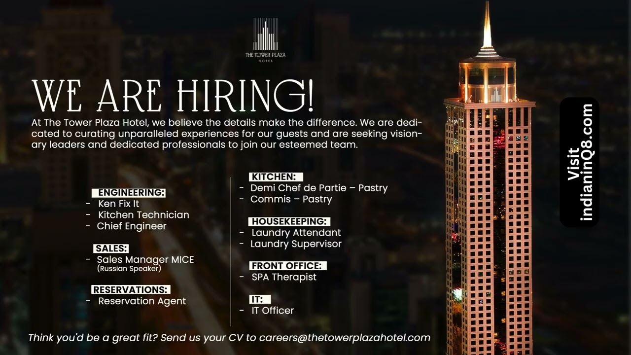 Luxury Hotel Jobs in Kuwait 🇰🇼 | Tower Plaza Hotel Now Hiring | Apply Today | 