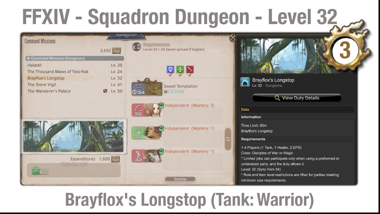 Ffxiv Squadron Dungeon Brayflox S Longstop Level 32 Tank Warrior Youtube