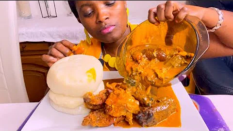 Asmr mukbang Turkey wings +Smoked chicken Slimmy ogbono soup with Fufu/eating show no talking