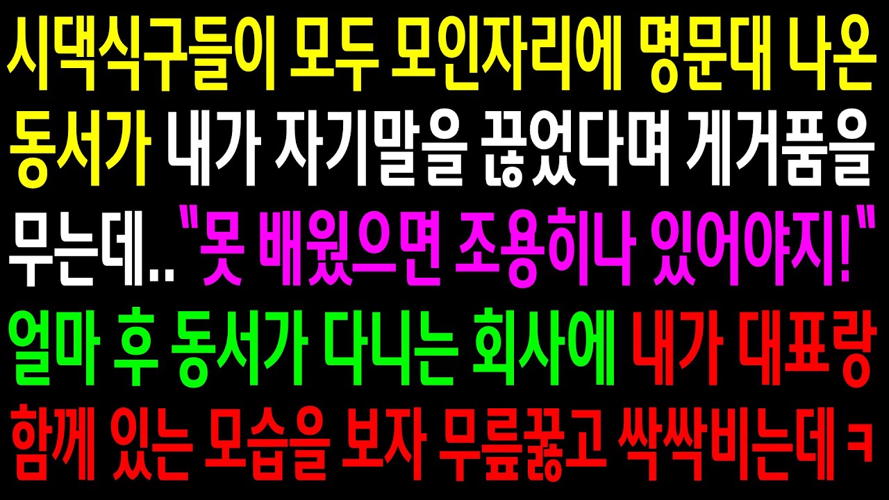 (반전사연)시댁식구들이 모두 모인자리에 명문대 나온 동서가 내가 자기말을 끊었다며 게거품을 무는데..얼마후 동서가 다니는 회사에 내가 대표랑..[신청사연][사이다썰][사연라디오]