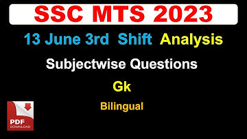 SSC MTS 2023 Gk Analysis 13 June 3rd shift  | Subjectwise