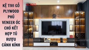 Kệ tivi gỗ plywood phủ veneer óc chó kết hợp tủ rượu cánh kính cường lực