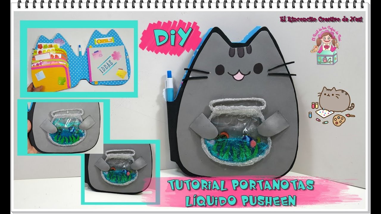 DIY PORTANOTAS GATITO PUSHEEN CON PECERA LÍQUIDA