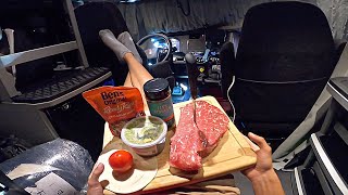 cooking a gourmet dinner in my semi truck (truck camping)