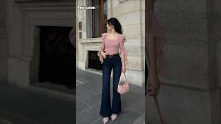 The look 😍 || Pink Ruffle + Dark Flare || She's the main character 🩷✨#ruffletop #flarejeans #shorts