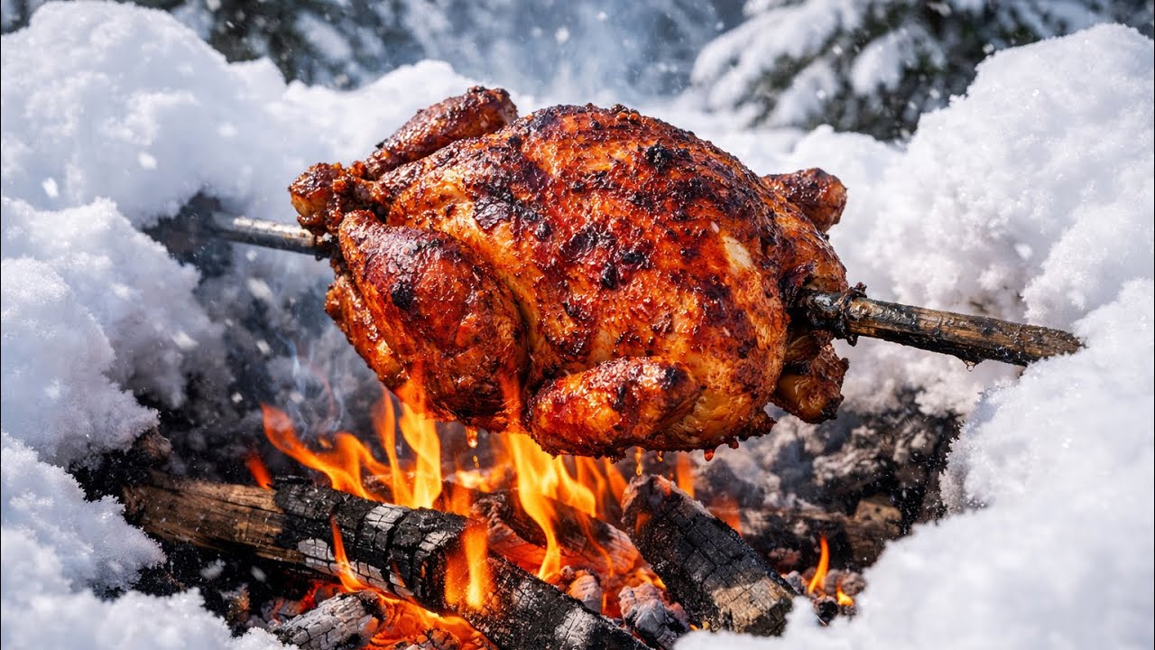 A chicken roasted on an open fire in the heart of nature.
