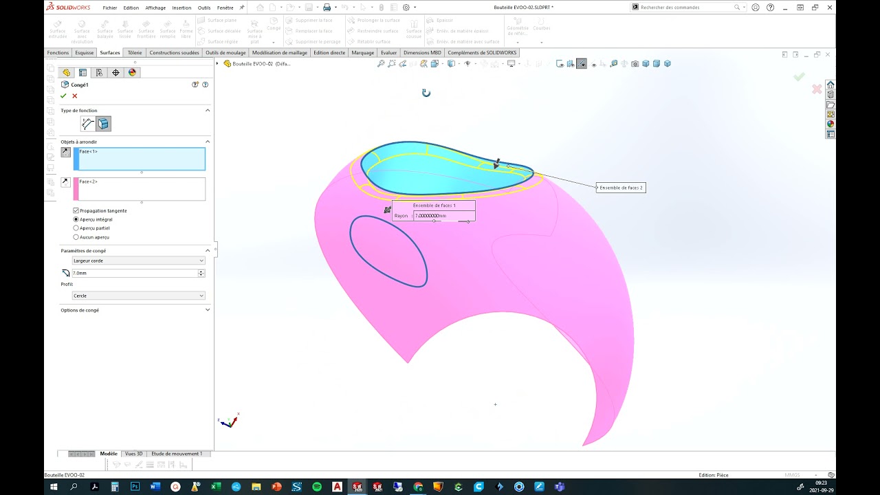 Solidworks, Surface bouteille EVOO, forme organique. Partie 2