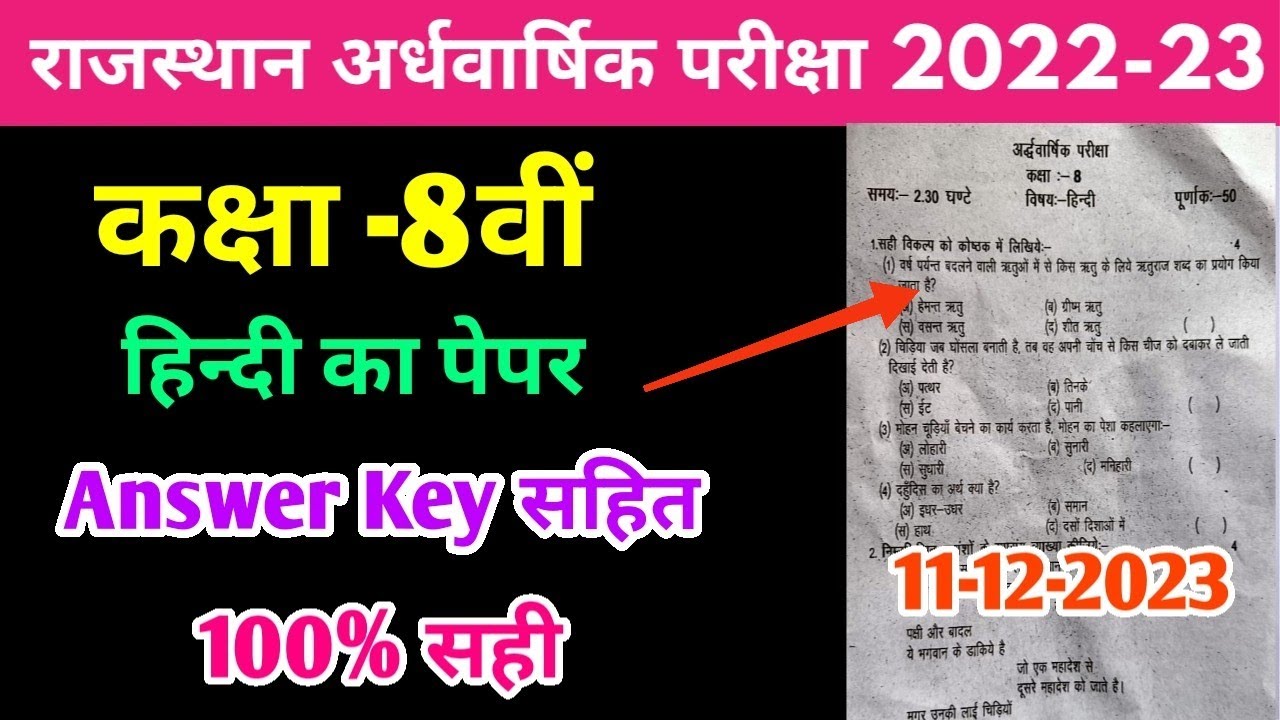 RBSE Class 8th Hindi Half Yearly Paper 202324 Rajasthan Board Half