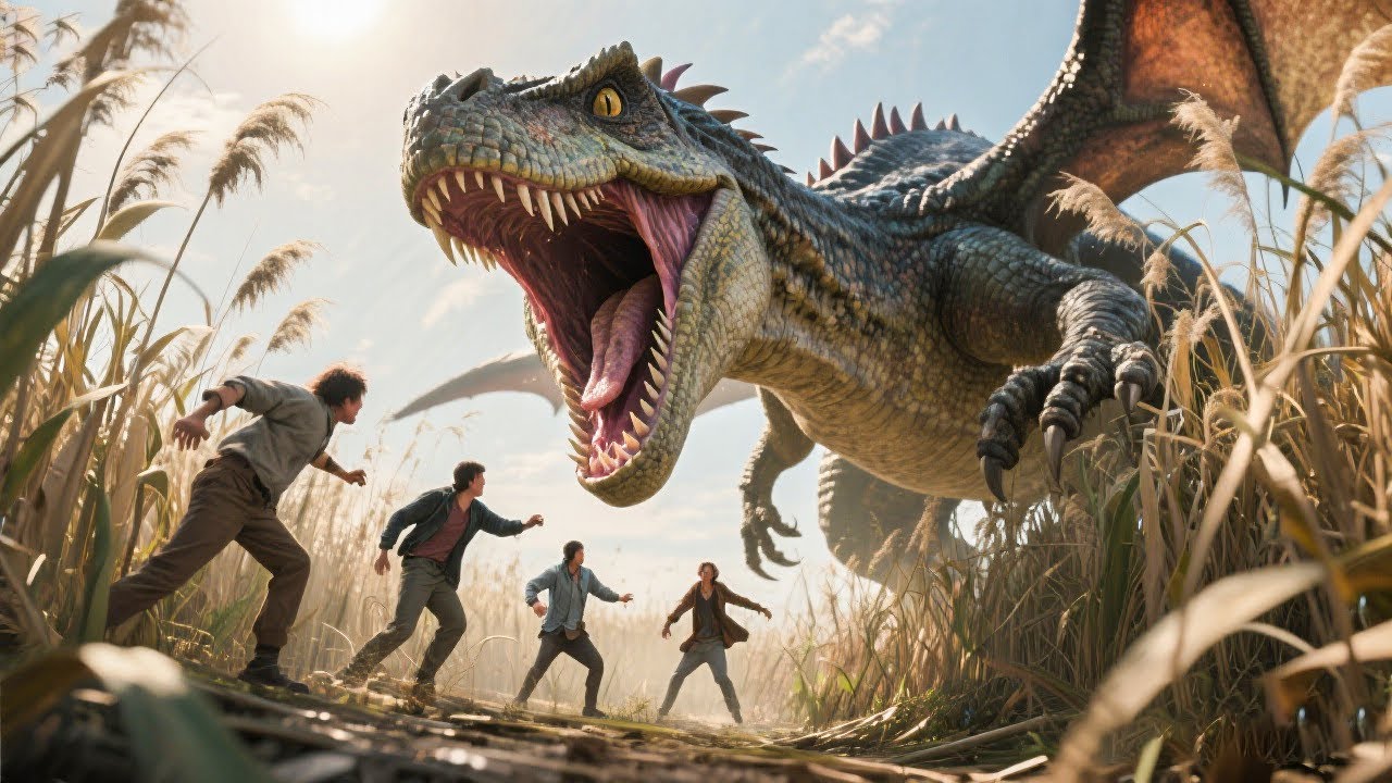 【侏罗纪电影】远古暴龙藏在芦苇中，路过的人类惨遭巨口吞噬！
