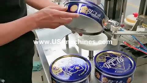 Semi automatic cookie biscuit metal case container tape wrapping sealing machine