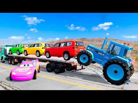 TRANSPORTING PIXAR CARS & FRUITS WITH COLORED & JOHN DEERE vs CLAAS vs TRACTORS - BeamNG.drive