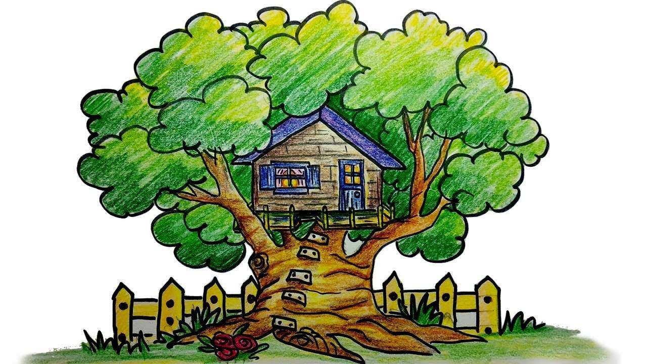 How to draw a tree house step by step YouTube