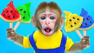 KiKi Monkey play Colorful Watermelon Ice Cream challenge & eat MM Candy with shark |KUDO ANIMAL KIKI