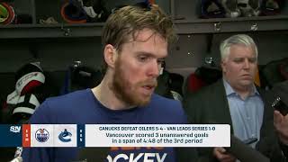 Connor McDavid speaks to the media after the Oilers lost 5:4 to the Canucks in Game 1 / 8.05.2024