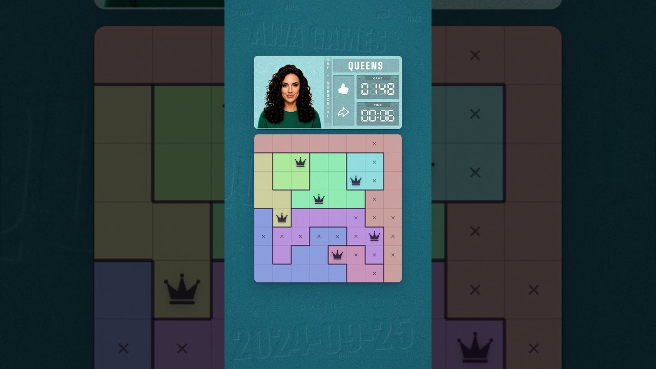 LinkedIn Queens #148 solved board for September 25, 2024, 8x8 grid